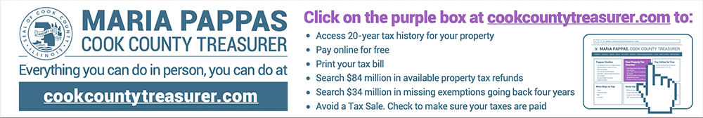 Promotional graphic for Maria Pappas, Cook County Treasurer, featuring the Cook County seal and the website cookcountytreasurer.com. The graphic highlights services available online, including accessing 20-year property tax history, paying taxes for free, printing a tax bill, searching $34 million in available property tax refunds, and avoiding a tax sale by ensuring taxes are paid. A purple box with a clickable hand icon directs users to the website for these services.