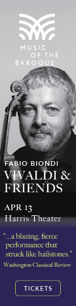 Promotional banner for 'Vivaldi & Friends' concert featuring Fabio Biondi, scheduled for April 13 at Harris Theater. Includes a review quote and ticket information.