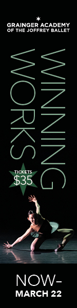 Promotional banner for the Grainger Academy of the Joffrey Ballet featuring the title 'Winning Works', ticket price of $35, and dates from 'Now - March 22'.