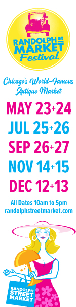 Banner for the Randolph Street Market Festival, featuring event dates and description, with a colorful illustration of a woman in a hat.