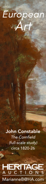European Art italicized text over a nature landscape background with a tree and cloudy sky, including the details John Constable The Cornfield full-scale study circa 1820-26 and Heritage Editions