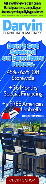 DARVIN April 7- 20 Darvin Furniture & Mattress sale offers 45%-65% off storewide, 36 months special financing, and a free American umbrella with purchase