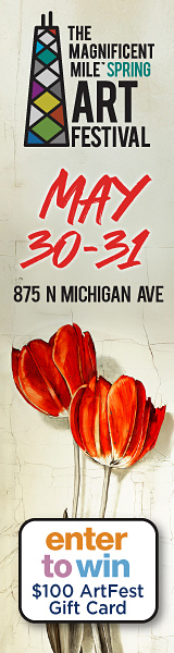 The Magnificent Mile Spring Art Festival May 30-31 875 N Michigan Ave with tulip flowers and a sign to enter to win a $100 ArtFest gift card