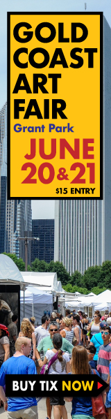 Banner for Gold Coast Art Fair at Grant Park on June 20 and 21 with $15 entry, above a crowd at an outdoor event